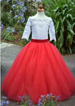 Off Shoulder White Lace Red Tulle Floor Length Flower Girl Dress